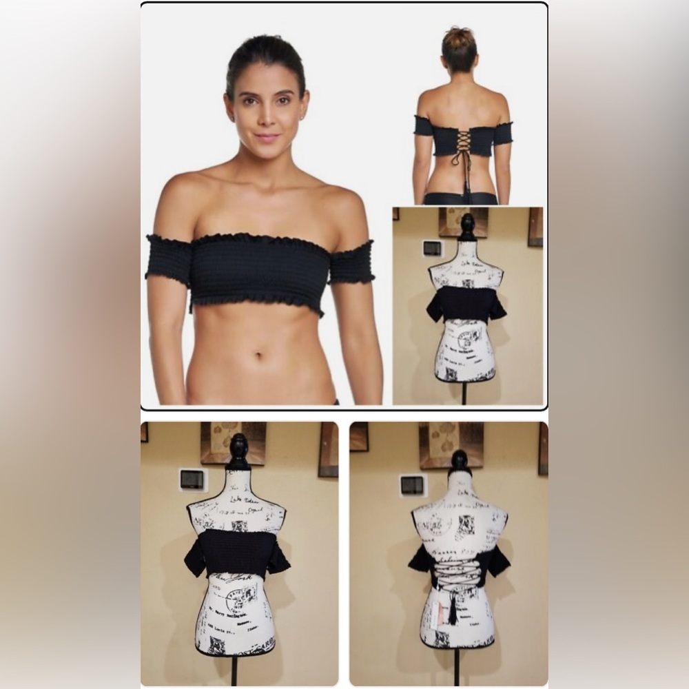 Pilyq Black Smocked Off the Shoulder Lace- Up Corset/ Bikini Top, Size Small